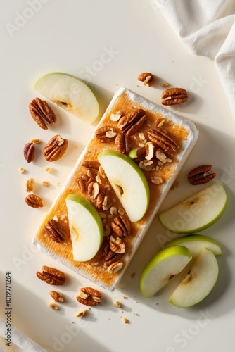 Cheese block featuring fresh apple slices as well as crunchy nut topping for a delicious snack. photo