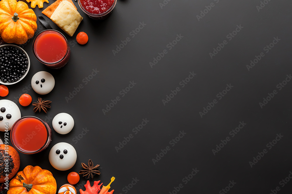 Festive Halloween treats and decorations on a dark background, featuring pumpkins, candies, and spooky cookies. Festive Halloween treats and decorations on a dark background, featuring pumpkins, candies, and spooky cookies.