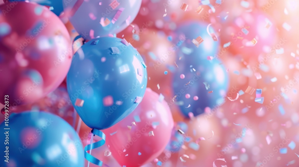 Blue ribbon with confetti, soft pink background, soft color balloons, calming and joyful composition. Blue ribbon with confetti, soft pink background, soft color balloons, calming and joyful composition.