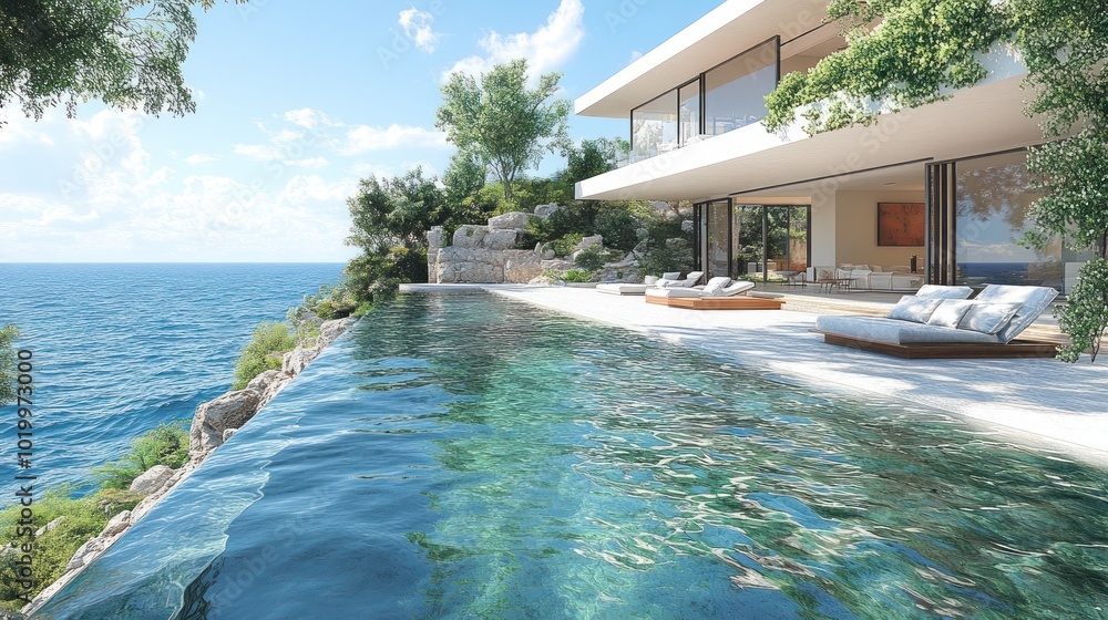 Obraz premium Modern villa with infinity pool overlooking the sea.