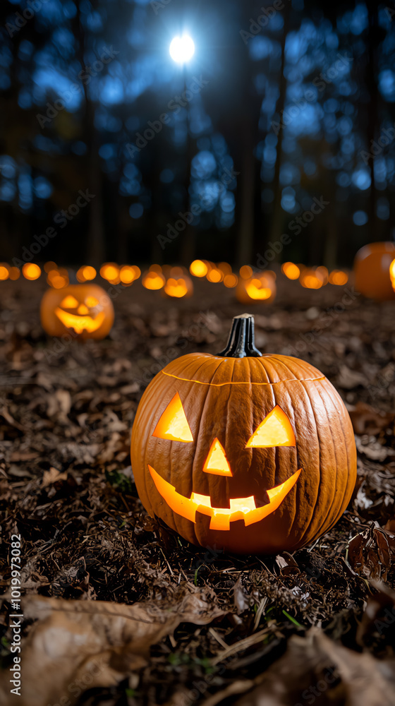 Glowing jack-o'-lantern in a dark, autumnal forest setting, surrounded by other carved pumpkins on a moonlit night. Glowing jack-o'-lantern in a dark, autumnal forest setting, surrounded by other carved pumpkins on a moonlit night.