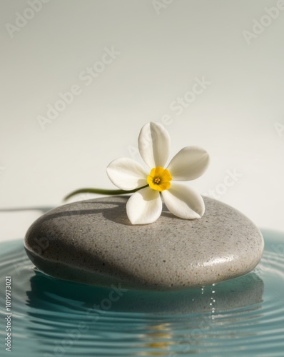 A white flower is on top of a rock in a body of water.