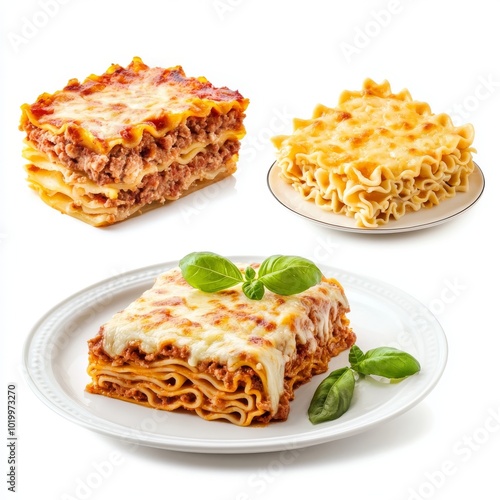 Pasta collection with three lasagna al forno isolated on white background