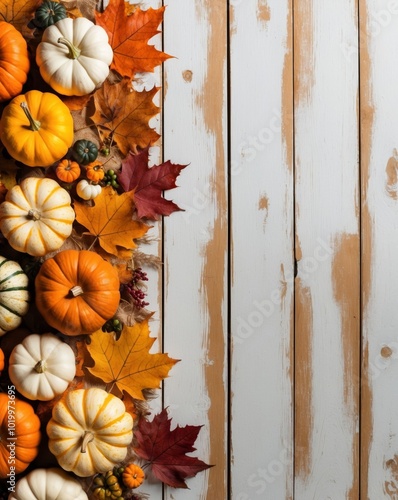 Autumn Harvest Bounty Pumpkins and Fall Leaves on Rustic Wood Background with Copy Space. photo