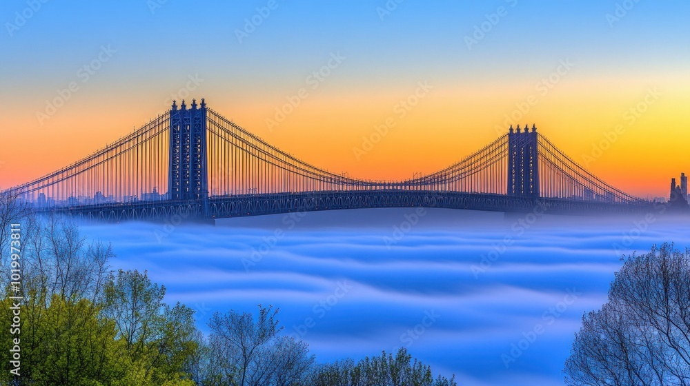 Fototapeta premium A suspension bridge silhouetted against a colorful sunrise with fog below.