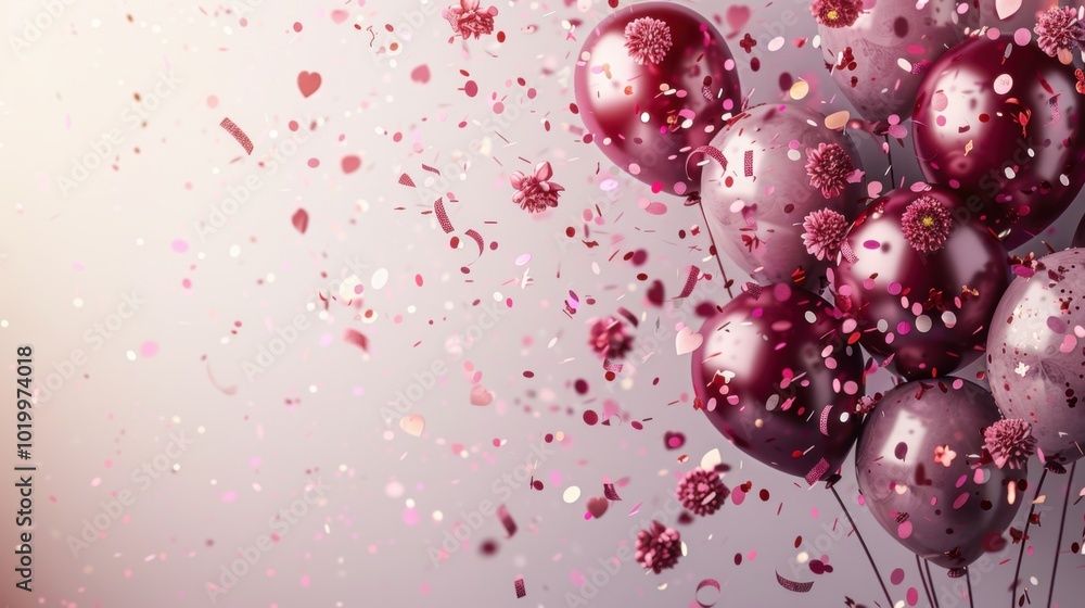 Burgundy ribbon with confetti and carnations, soft burgundy background, soft color balloons, sophisticated and joyful composition. Burgundy ribbon with confetti and carnations, soft burgundy background, soft color balloons, sophisticated and joyful composition.