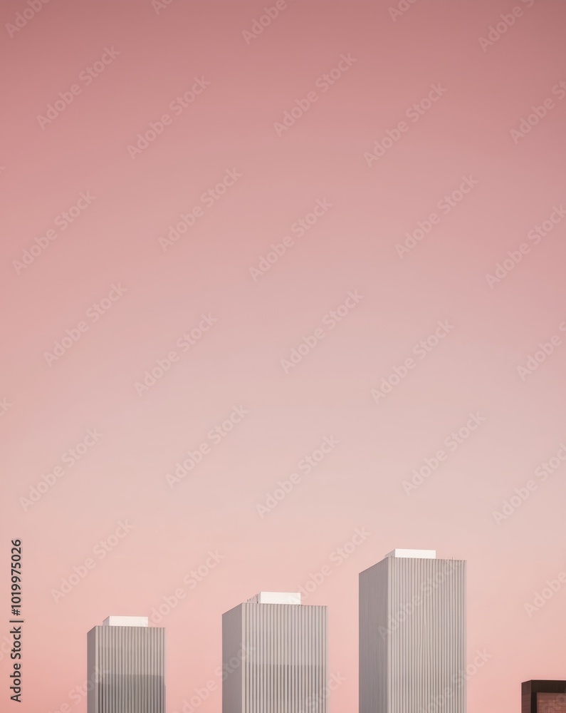 Cityscape with tall buildings in foreground and pink sky in background. Cityscape with tall buildings in foreground and pink sky in background.