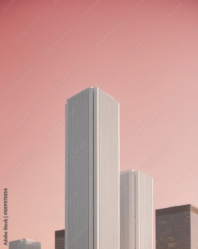 Cityscape with tall buildings in foreground and pink sky in background. Cityscape with tall buildings in foreground and pink sky in background.