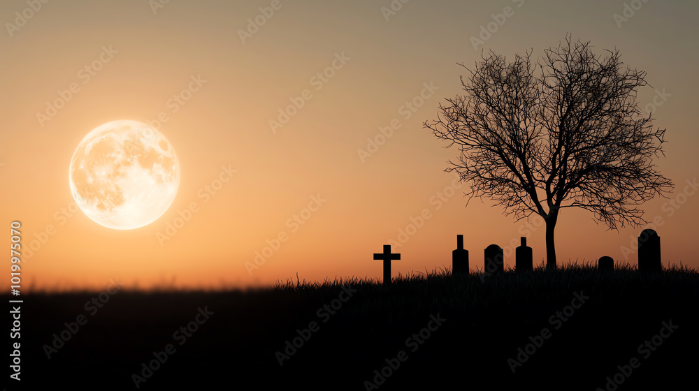 Silhouette of a tree and gravestones under a full moon at sunset, creating a serene and haunting atmosphere. Silhouette of a tree and gravestones under a full moon at sunset, creating a serene and haunting atmosphere.