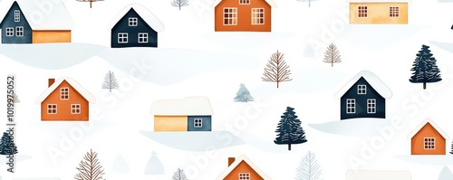 Colorful houses and trees in a snowy landscape, white background.,Seamless pattern