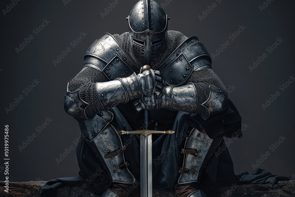 A fantastic royal knight in armor guards the castle chambers A fantastic royal knight in armor guards the castle chambers