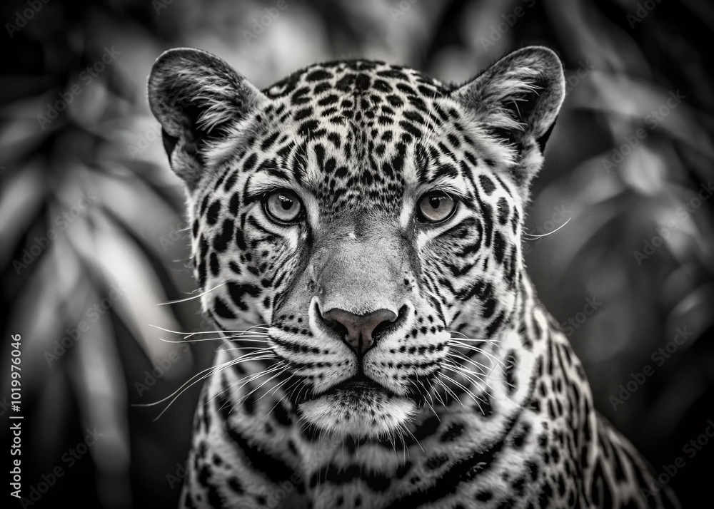 Obraz premium Striking Black and White Portrait of a Majestic Jaguar in Natural Habitat Captured in Detail