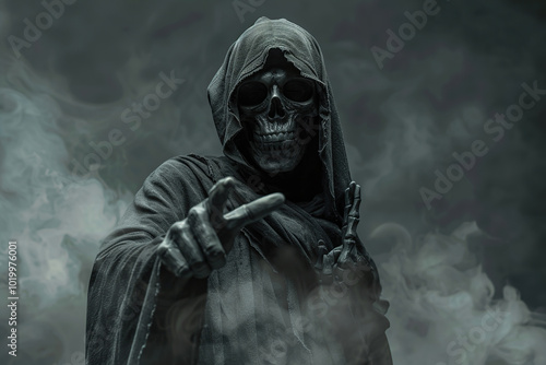 Scary grim reaper with scythe in hell on dark background with dramatic background