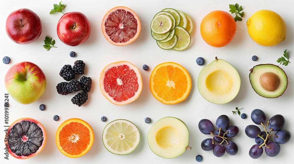 A Flat Lay of Fresh Fruits and Berries on a White Background A Flat Lay of Fresh Fruits and Berries on a White Background