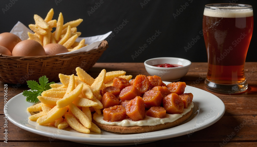 Plate of fries with sausage and beer on a wooden table Plate of fries with sausage and beer on a wooden table