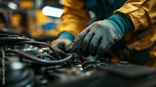 A gloved hand working on a car engine