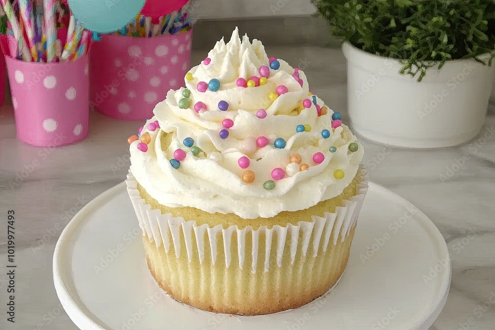 Colorful cupcake with frosting and sprinkles on a plate. Colorful cupcake with frosting and sprinkles on a plate.