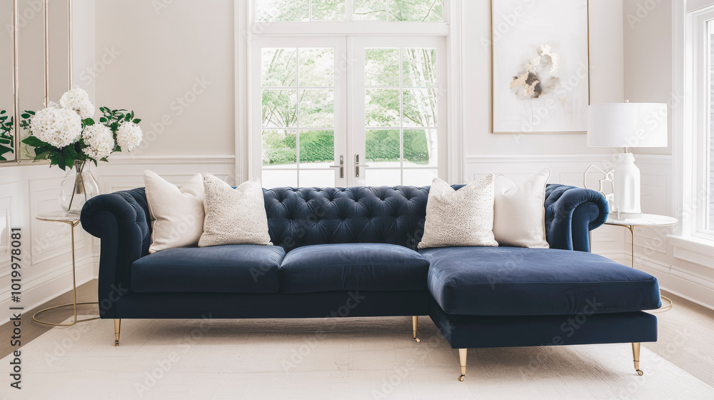Fototapeta premium Elegant Modern Living Room Interior with Luxurious Navy Blue Sofa and Chic Decor
