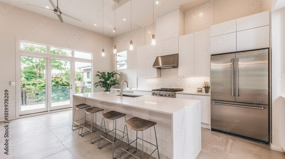 Fototapeta premium Modern Kitchen Interior with Stainless Steel Appliances and White Countertops