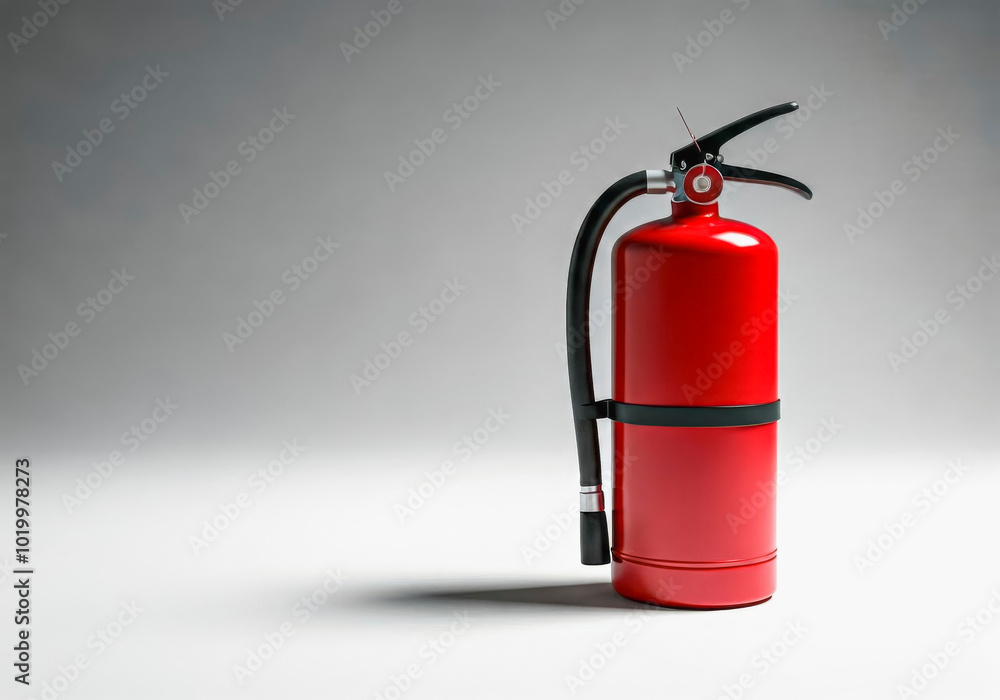 Red fire extinguisher on minimalist grey background for safety concepts Red fire extinguisher on minimalist grey background for safety concepts