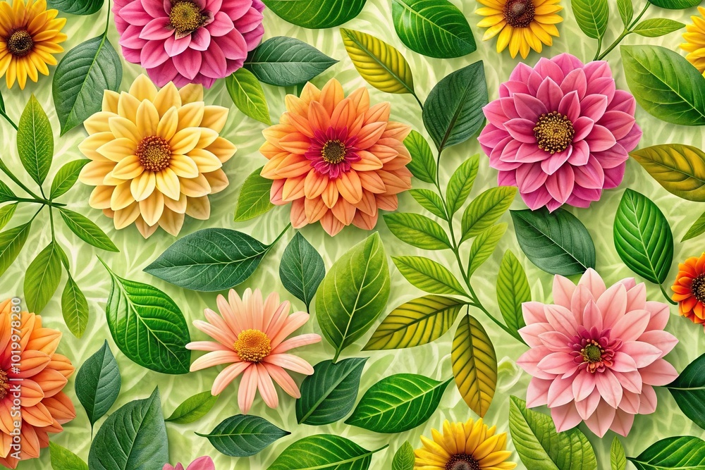 background of plant pattern with flowers and leaves in forced perspective angle background of plant pattern with flowers and leaves in forced perspective angle