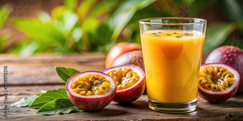 Background of pulp and passionfruit juice at a tilted angle