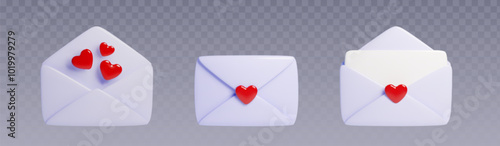 3d love letter set for St Valentine day. Cartoon realistic vector illustration of closed and open pastel blue paper envelope with red heart shapes and white blank card. Cute romantic post mail.