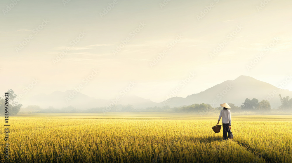 peaceful countryside scene of farmer walking through golden rice fields, surrounded by mountains and serene atmosphere. early morning light enhances tranquil beauty of rural life peaceful countryside scene of farmer walking through golden rice fields, surrounded by mountains and serene atmosphere. early morning light enhances tranquil beauty of rural life