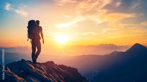 A lone hiker stands on a mountain peak, looking out at a breathtaking sunset over a vast mountain range.