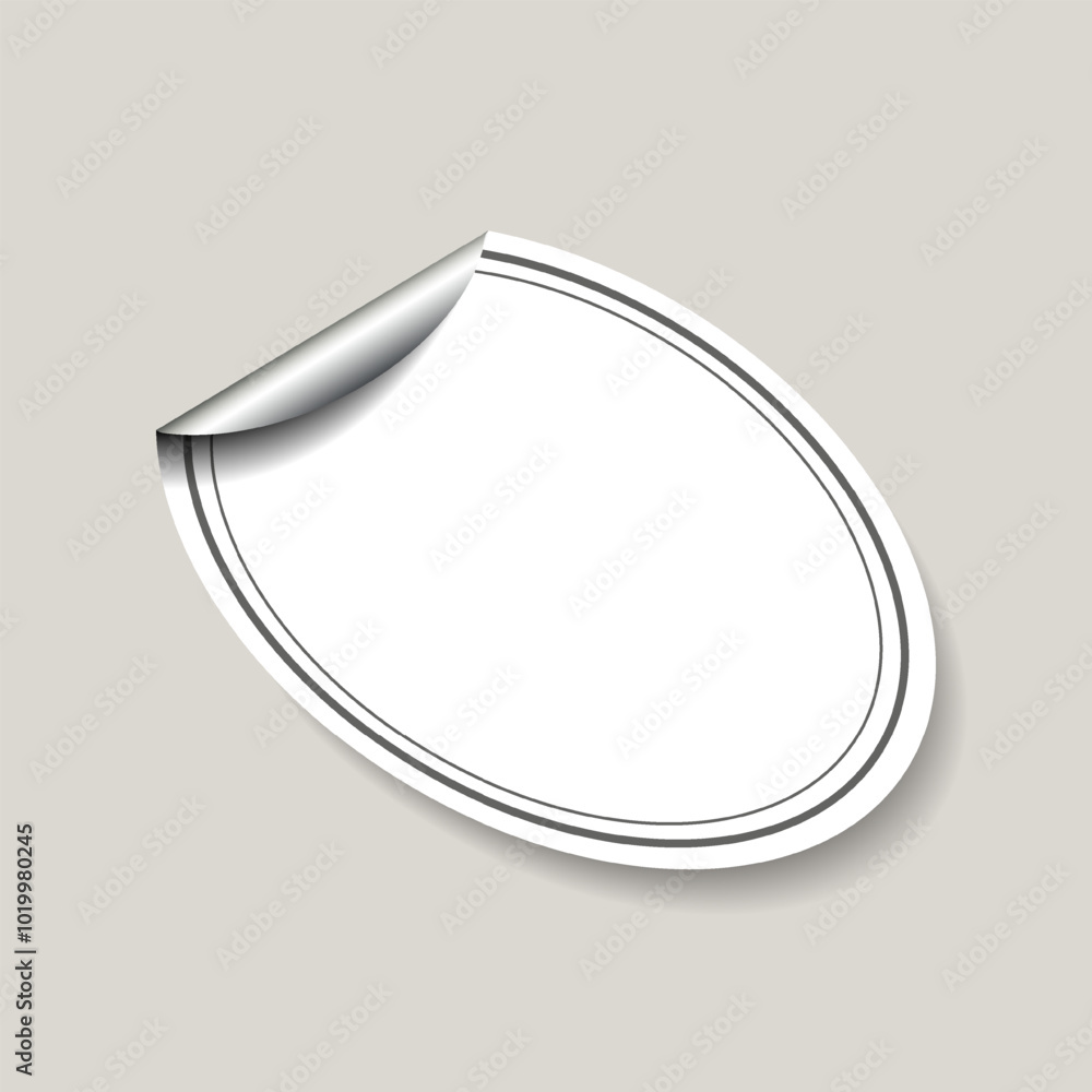 White sticker mockup. Blank label oval paper emblem with curled edge. Copy space. Badge for preview tag, label, price tag. Vector illustration White sticker mockup. Blank label oval paper emblem with curled edge. Copy space. Badge for preview tag, label, price tag. Vector illustration