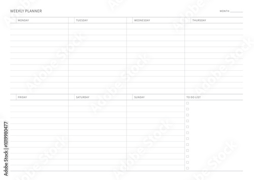 A weekly plan design template in a modern, simple, and minimalist style. Note, scheduler, diary, calendar, planner document template illustration.