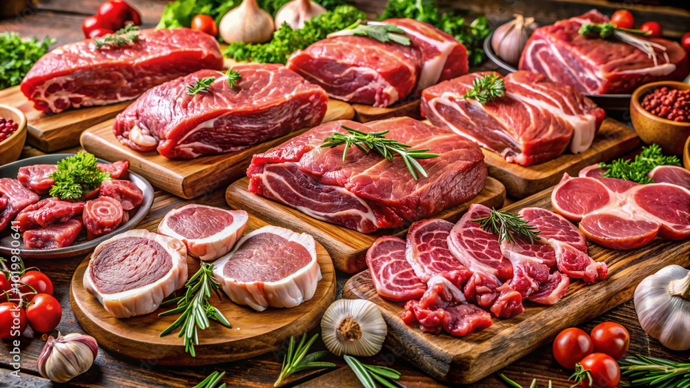 Fototapeta premium Variety of raw meat cuts displayed on wooden boards for cooking