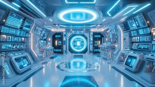 Fototapeta Naklejka Na Ścianę i Meble -  3D space station interior with futuristic design, glowing control panels, and high-tech equipment, perfect for sci-fi settings.