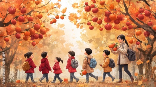 Teachers and students on an autumn outing.