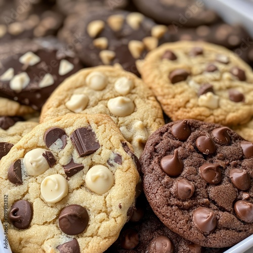 An assortment of delicious chocolate chip and double chocolate cookies