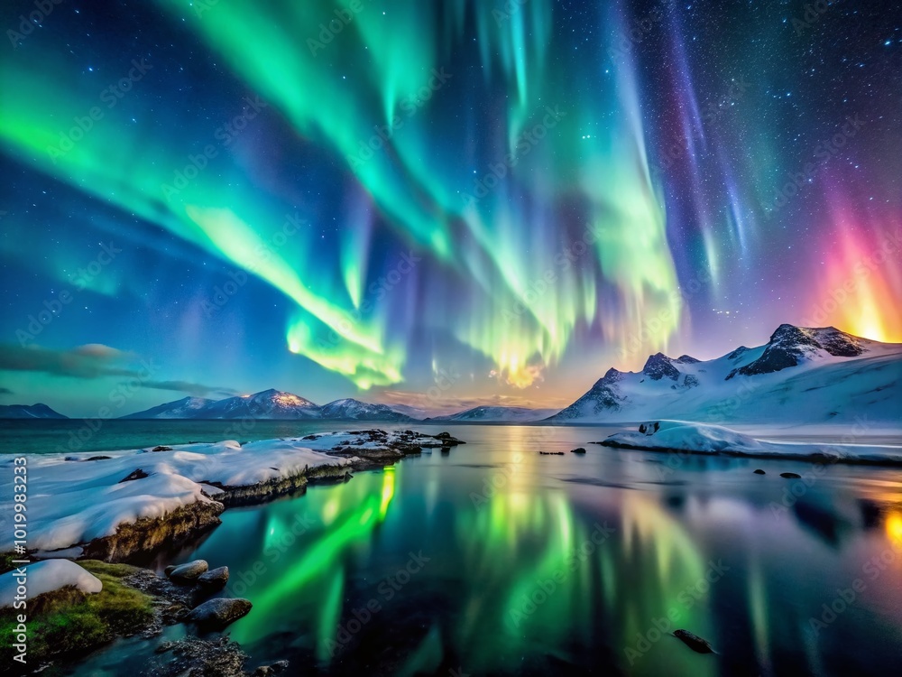 Stunning Aurora Borealis Illuminating the Night Sky Over a Serene Landscape in Outer Space Stunning Aurora Borealis Illuminating the Night Sky Over a Serene Landscape in Outer Space