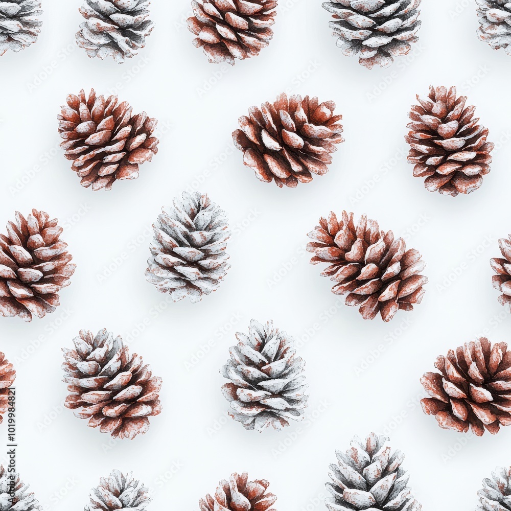 Snow-dusted pine cones on a white isolated background.,Seamless pattern Snow-dusted pine cones on a white isolated background.,Seamless pattern