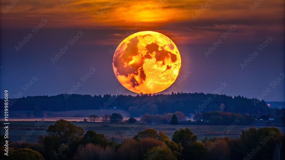 Stunning Bright Orange Moon Illuminating the Night Sky Over a Calm Landscape in Twilight Hours Stunning Bright Orange Moon Illuminating the Night Sky Over a Calm Landscape in Twilight Hours