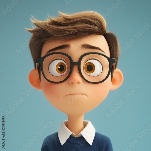 Cartoon Boy with Glasses Looking Sad