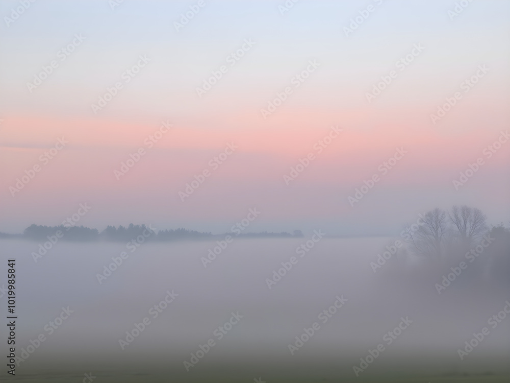 A soft, misty morning sky with pastel tones of pink and blue, with the fog rising from the fields and trees barely visible in the distance
A soft, misty morning sky with pastel tones of pink and blue, with the fog rising from the fields and trees barely visible in the distance