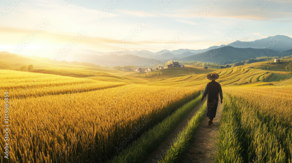 Fototapeta premium traditional farmer walking towards horizon in golden rice field, surrounded by mountains and serene landscape. warm sunlight enhances peaceful atmosphere