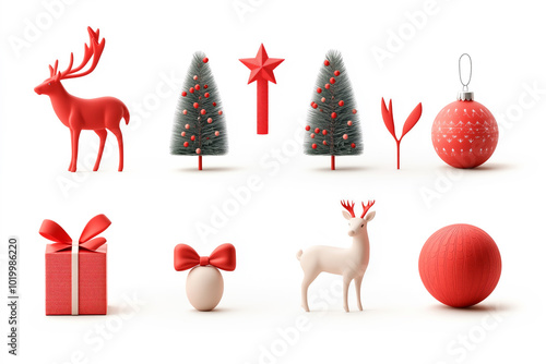 Christmas decorations featuring red and white items like deer, bow, mini Christmas tree balls on white background,