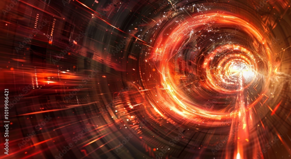 a red and orange futuristic tunnel with light streaks, glowing lights, and energy waves. The background is dark brown and white, creating an atmosphere of motion blur and speed in the foreground. In f a red and orange futuristic tunnel with light streaks, glowing lights, and energy waves. The background is dark brown and white, creating an atmosphere of motion blur and speed in the foreground. In f