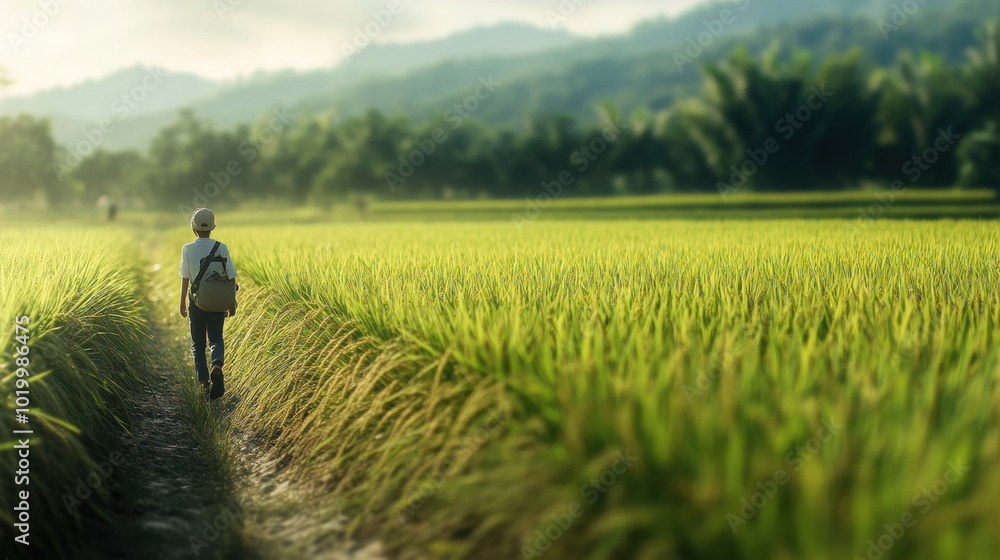 tranquil walk through rice fields, surrounded by lush greenery and distant mountains, evokes sense of peace and connection with nature tranquil walk through rice fields, surrounded by lush greenery and distant mountains, evokes sense of peace and connection with nature
