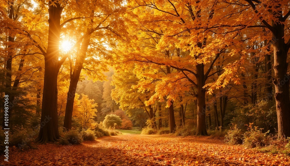 Beautiful autumn forest path with golden leaves and vibrant trees, creating a serene atmosphere Beautiful autumn forest path with golden leaves and vibrant trees, creating a serene atmosphere