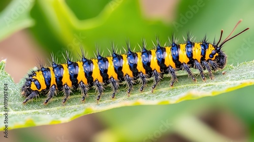 A black, yellow, and blue caterpillar crawls on a green leaf.