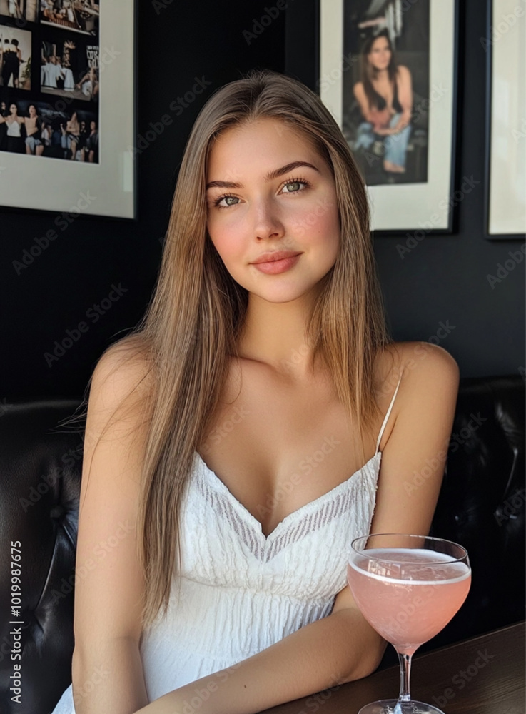 A photograph of an attractive Russian woman sitting at the bar in a restaurant, drinking a cocktail and posing for the camera. She is wearing a white dress with thin straps. A photograph of an attractive Russian woman sitting at the bar in a restaurant, drinking a cocktail and posing for the camera. She is wearing a white dress with thin straps.