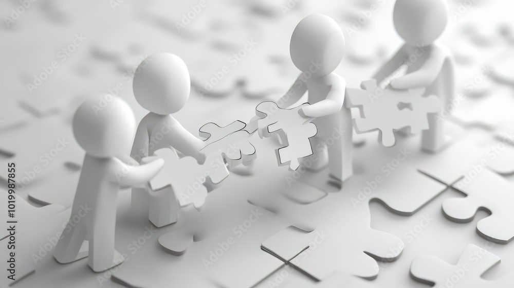 3D illustration of a team of paper businessmen working together to complete a puzzle, illustrating strategic collaboration. 3D illustration of a team of paper businessmen working together to complete a puzzle, illustrating strategic collaboration.
