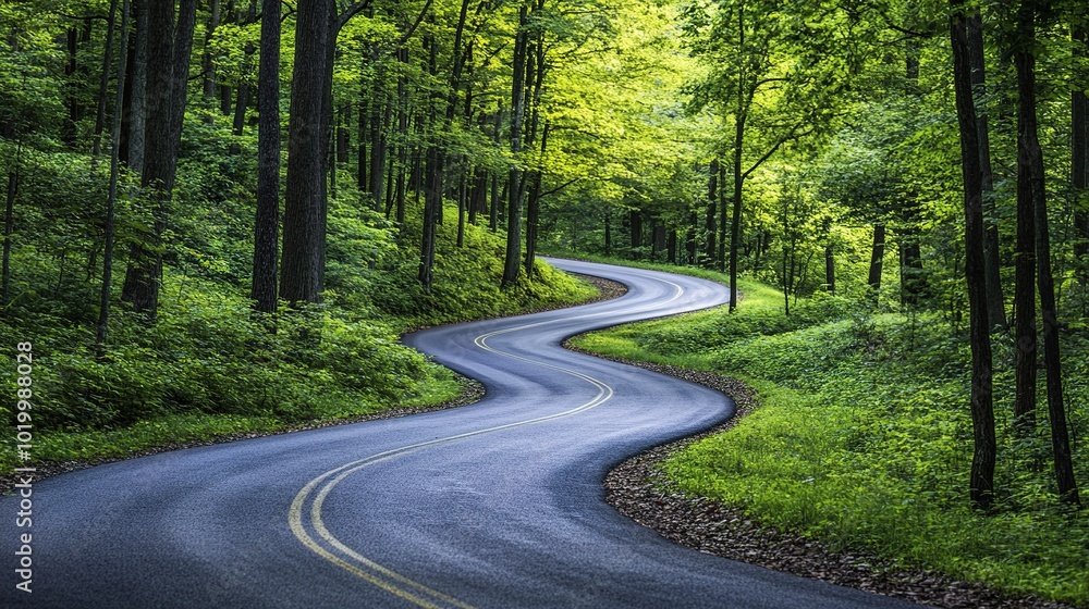 Naklejka premium Scenic Winding Road Through Lush Green Forest