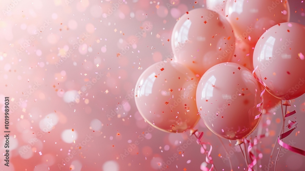 Peach ribbon with confetti, light pink background, soft color balloons, warm and festive composition. Peach ribbon with confetti, light pink background, soft color balloons, warm and festive composition.